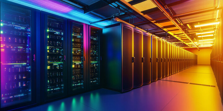 Modern data center with vibrant lighting and advanced technology Generative AI