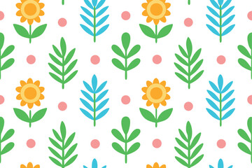 Seamless pattern handdrawn cartoon flowers leaves in pastel colors floral leaf