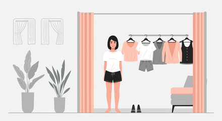 Woman Standing Near Clothes Rack Inside Apartment, Simple Fashion Selection
