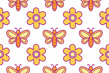 Seamless pattern yellow flowers orange butterflies with purple outlines butterfly
