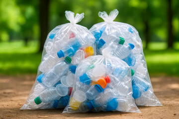 Three transparent bags filled with empty plastic bottles sit on the ground in a park, symbolizing recycling efforts.
