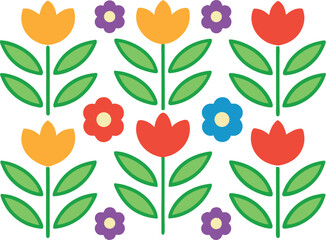 Simple handdrawn floral pattern with tulips daisies in red orange purple blue flower