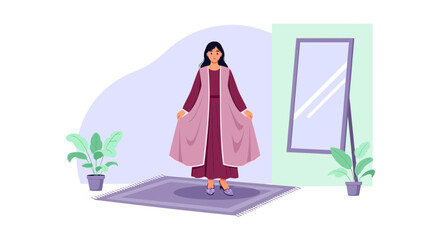 Woman Tries New Clothing In Front Of The Mirror At Home In Her Room