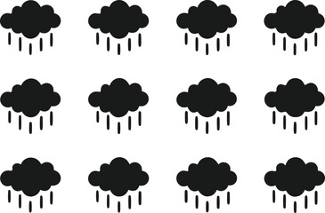 Twelve handdrawn rain cloud icons with vertical raindrops weather simple