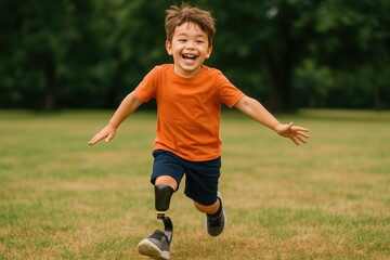 Inspiring young girl with prosthetic leg confidently running and playing with boundless energy and determination