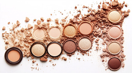 A professional makeup palette displayed on a white background, featuring beige and brown eyeshadow shades.