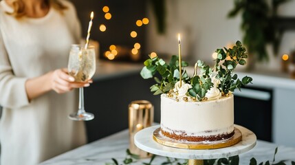 Celebration With Cake and Drinks in a Modern Kitchen During an Elegant Gathering