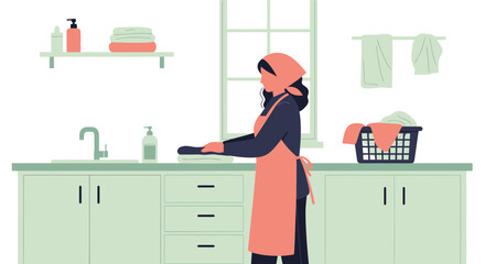 Woman Wearing Apron Folds Laundry In A Bright And Clean Laundry Room