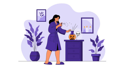 Young Woman Sprays Scent into Room with Halloween Decorations for Cozy Autumn