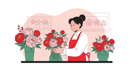 Woman Working At Florist Shop Holding Bouquet Of Blooming Peonies