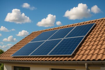 Residential rooftop solar panel installation capturing clean energy with blue sky and white clouds backdrop