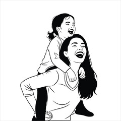 Happy Mother and Daughter Playing Piggyback Silhouette Perfect for Family Love, Playtime, and Relationship Art