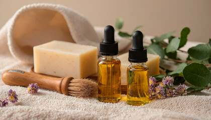 Oil and soap, a brush on the fabric, and greenery