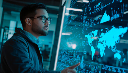 a world map on a transparent futuristic display