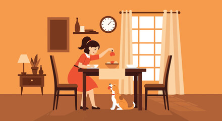 Woman Feeding Her Adorable Dog At Home During Mealtime Together