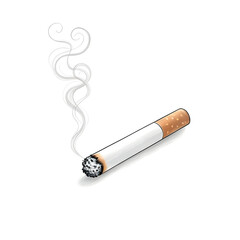 Burning Cigarette with Swirling Smoke on White Background Illustrating Relaxation and Modern Lifestyle Elements