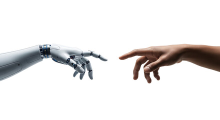 Robot and human hands about to touch, a modern Creation of Adam concept. Isolated on transparent background, png