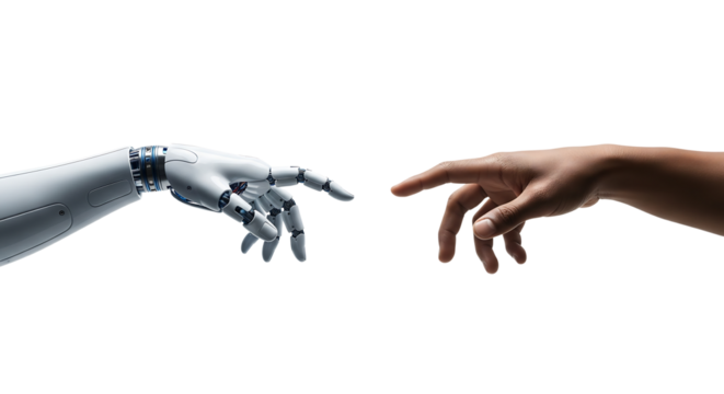 Robot and human hands about to touch, a modern Creation of Adam concept. Isolated on transparent background, png