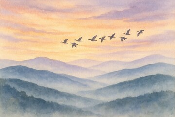 Naklejka premium Serene mountain landscape watercolor with migrating birds silhouettes at dawn