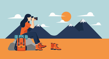 Fototapeta premium Woman Hiker Capturing Mountain Views With Her Camera During Adventure Holiday