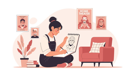 Young Artist Creating Portrait in Cozy Studio with Illustrated Wall Art