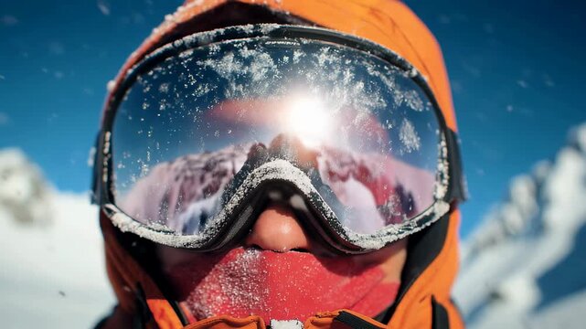 Close-up of skier in red gloves adjusting ski goggles with reflection of snowy mountains.