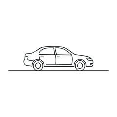 Naklejka premium Simple black line drawing of sedan car on white background. Vector illustration