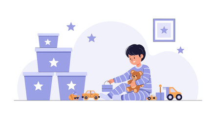 Young Boy Engaged In Playtime Fun With Toys In His Starry Bedroom