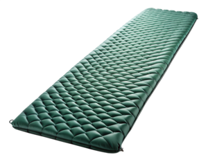 A green inflatable sleeping pad with a quilted texture, isolated on a transparent background