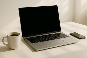 Fototapeta premium Minimalist Workspace with Laptop and Coffee Cup – Modern Office Desk Setup for Productivity and Remote Work