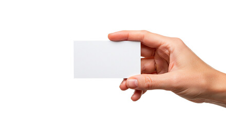 Obraz premium Hand holding blank business card mockup for design presentation and contact information showcase idea