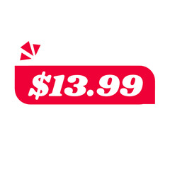 $13.99 only png, red colour price tag, flat label concept, promo item sticker