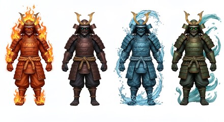 Four elemental samurai figures