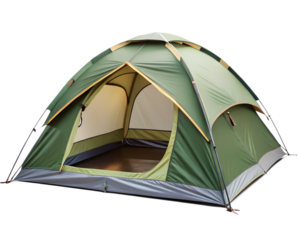 A green camping tent with an open doorway, set up and ready for use isolated on transparent background