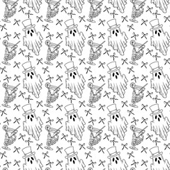 Seamless pattern with cartoon black ghosts and creepy cocktail on white background vector illustration. Cute Halloween print.