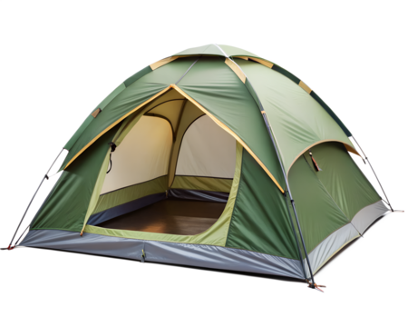 A green camping tent with an open doorway, set up and ready for use isolated on transparent background