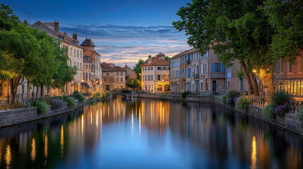 Obraz premium A tranquil European canal at dusk with golden reflections