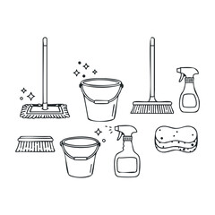 Set of cleaning tools: mops, brooms, buckets, sprays, and sponges in black and white outline. Vector illustration