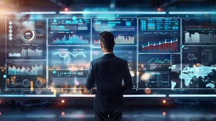 Businessperson observing multiple interactive dashboards - Powered by Adobe