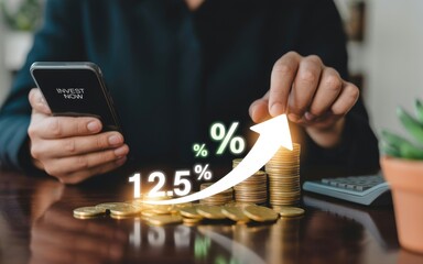 Financial growth illustrated with rising coins, percentage graphs, and a smartphone in hand for modern investment management.