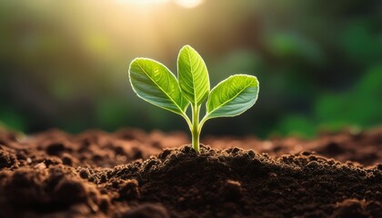 Fototapeta premium a small green plant with two leaves growing from dark soil symbolizing new life and growth in a natural setting