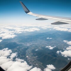 Obraz premium High-altitude view of a landscape from an airplane window.