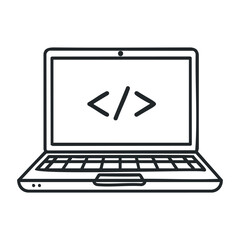 Simple laptop outline with coding symbols on screen. Vector illustration