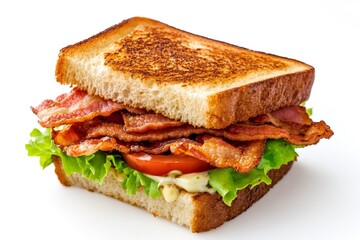 Delicious blt sandwich with toasted bread, bacon, lettuce, and tomato on white background