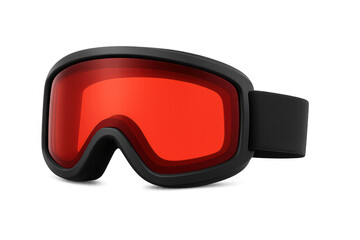 Red-lensed ski goggles, black-framed, protecting eyes during alpine skiing, winter mountain sporting gear against white backdrop