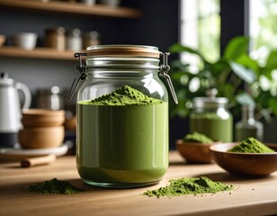 Green powder in a glass jar on a wooden table, kitchen setting