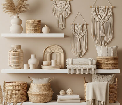 Beautiful Modern Shelf Styling With Neutral Accessories, Soft Lighting And Boho Decor, Commercial Look, No Text, No Logo }