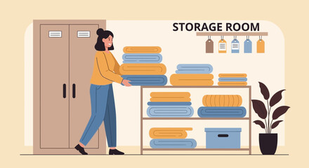 Woman Organizes Textiles In A Tidy Storage Room For Effective Management