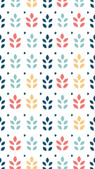 A charming repeating pattern featuring rows of colorful stylized floral motifs with small dot accents on a white background