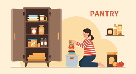 Woman Organizing And Stocking Food Inside Pantry Cabinet At Home